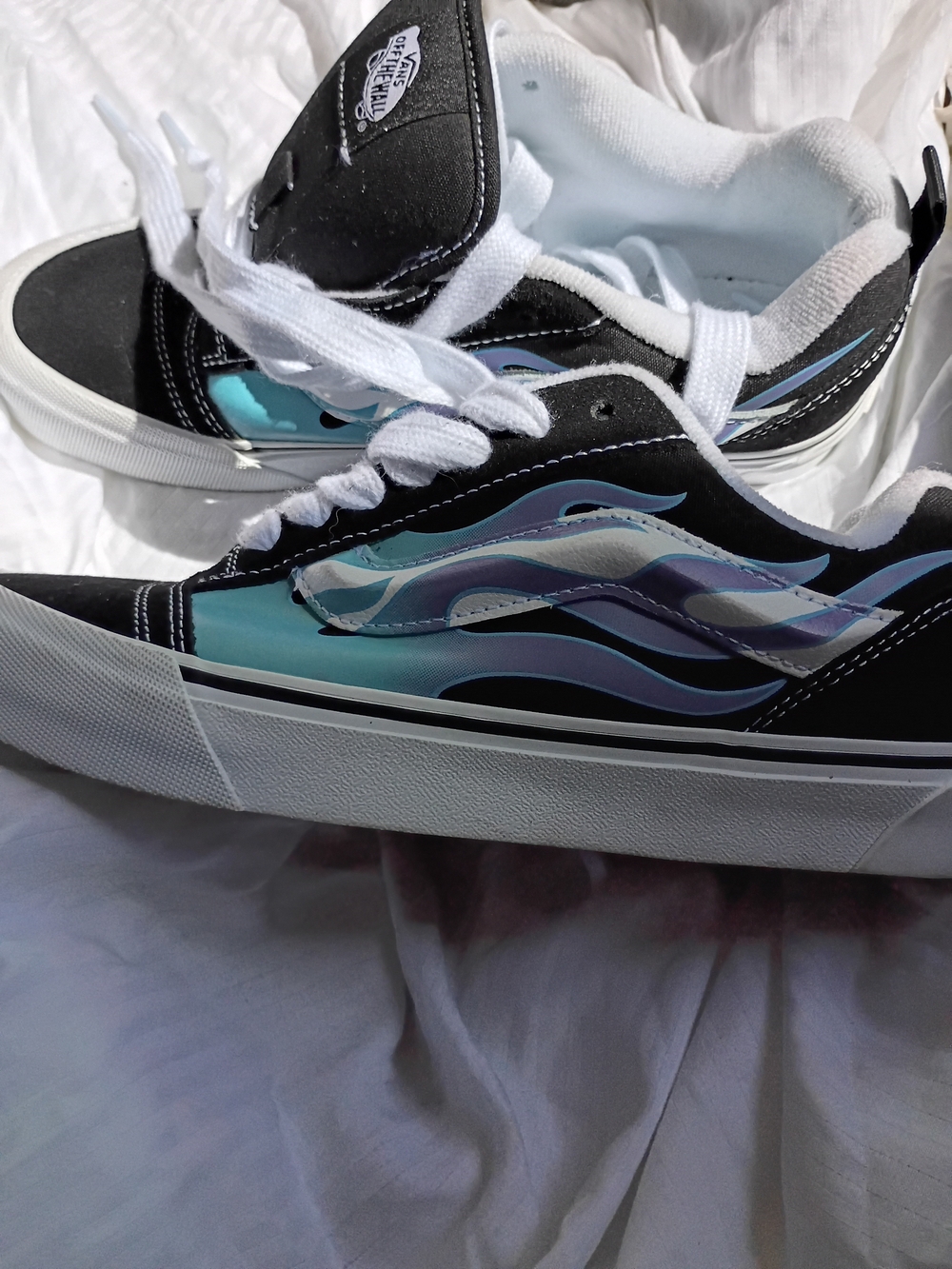 Vans Black Low Top Sneakers with Teal and Lavender Flame